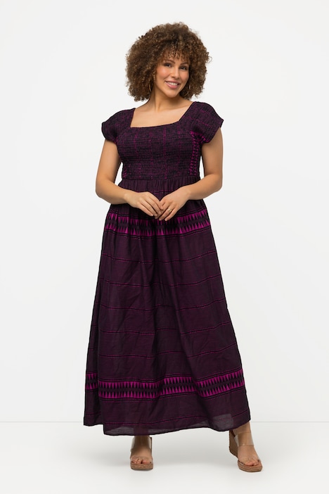 Smok-Maxikleid, Streifen, A-Linie, Carree-Ausschnitt