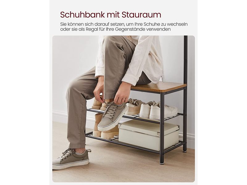 VASAGLE Garderobe mit Schuhregal 32 cm x 175 cm, Braun/Schw Kleiderständer mit Sitzbank