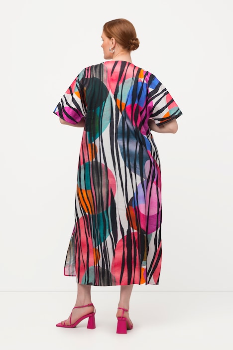 Midikleid, Leinenmix, A-Linie, V-Ausschnitt, Halbarm