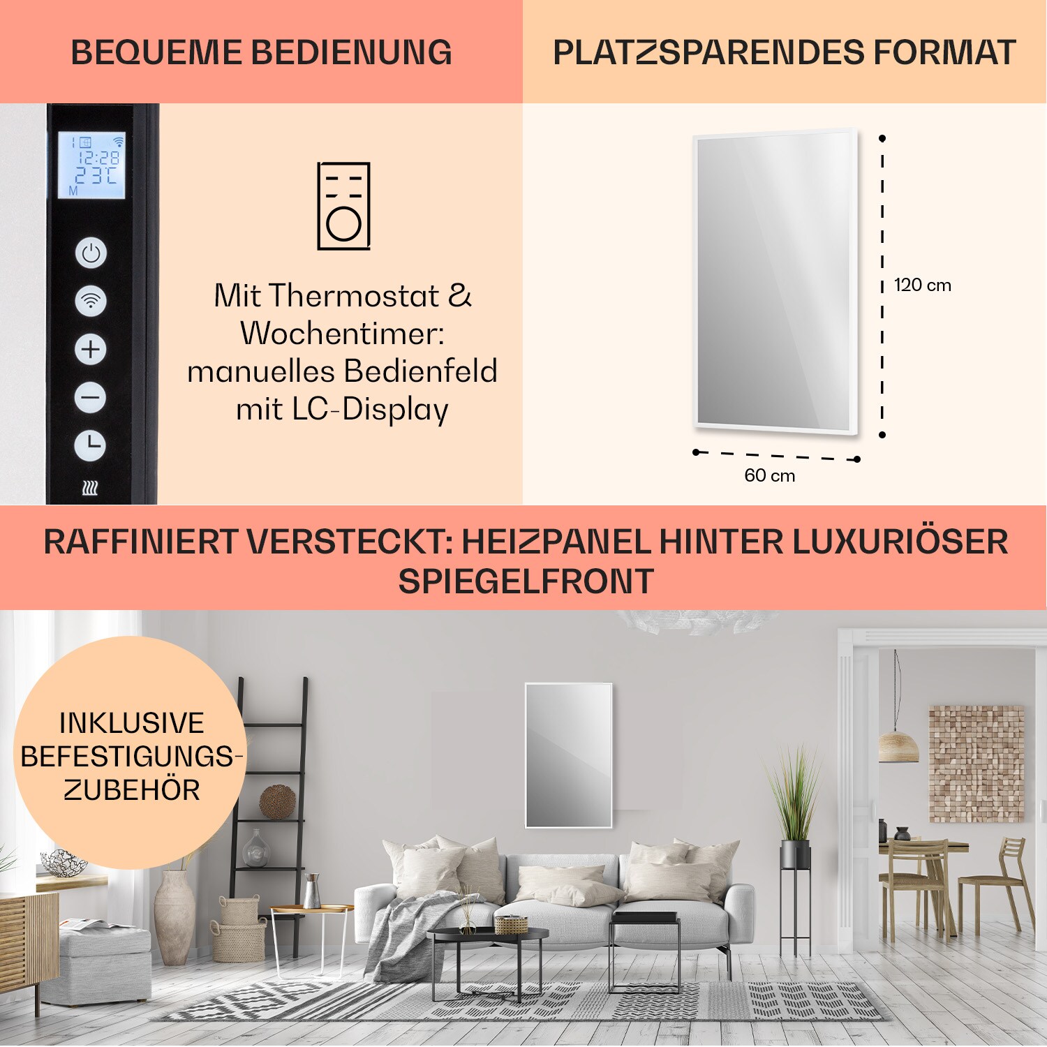 La Palma 1000 smart 2-in-1 Heizgerät Infrarot Konvektor 120x60cm 1000W Spiegel