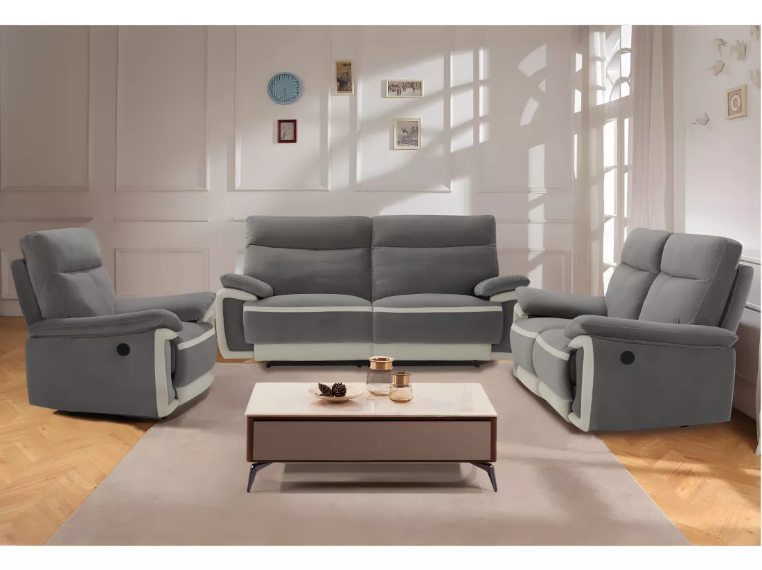 Canapés 3 places 2 places et un fauteuil relax électrique en velours METTI - Gris et bandes écru
