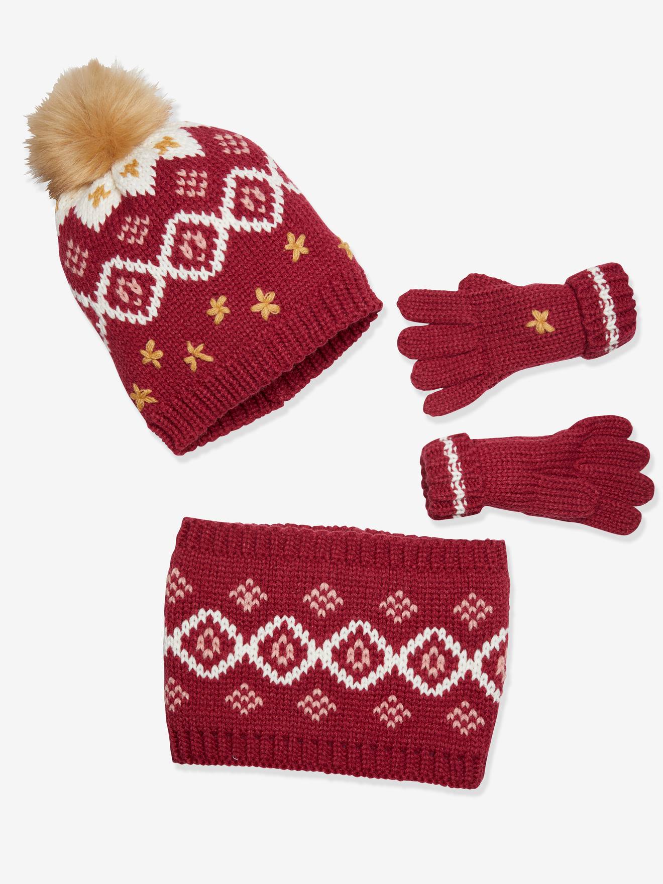 Conjunto de gorro, cachecol e luvas em jacquard Oeko-Tex® para meninas, rosa escuro, bicolor/multicolorido.