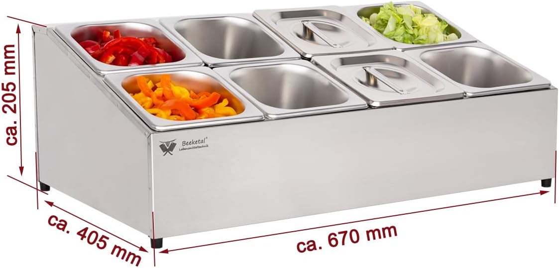 Beeketal 'BGN8-Duo' Edelstahl GN Aufsatzboard für 8 Gastronorm Behälter (zweireihig), Gastro Zutatenbehälter inkl. 8 Stück (GN) 1/6 Behälter mit Deckel, abgeschrägtes Gestell mit Anti-Rutsch Füßen