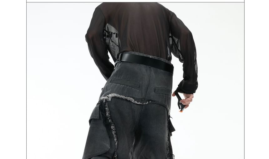 kooklay - Mid Rise Washed Fray Panel Wide Leg Cargo Jeans