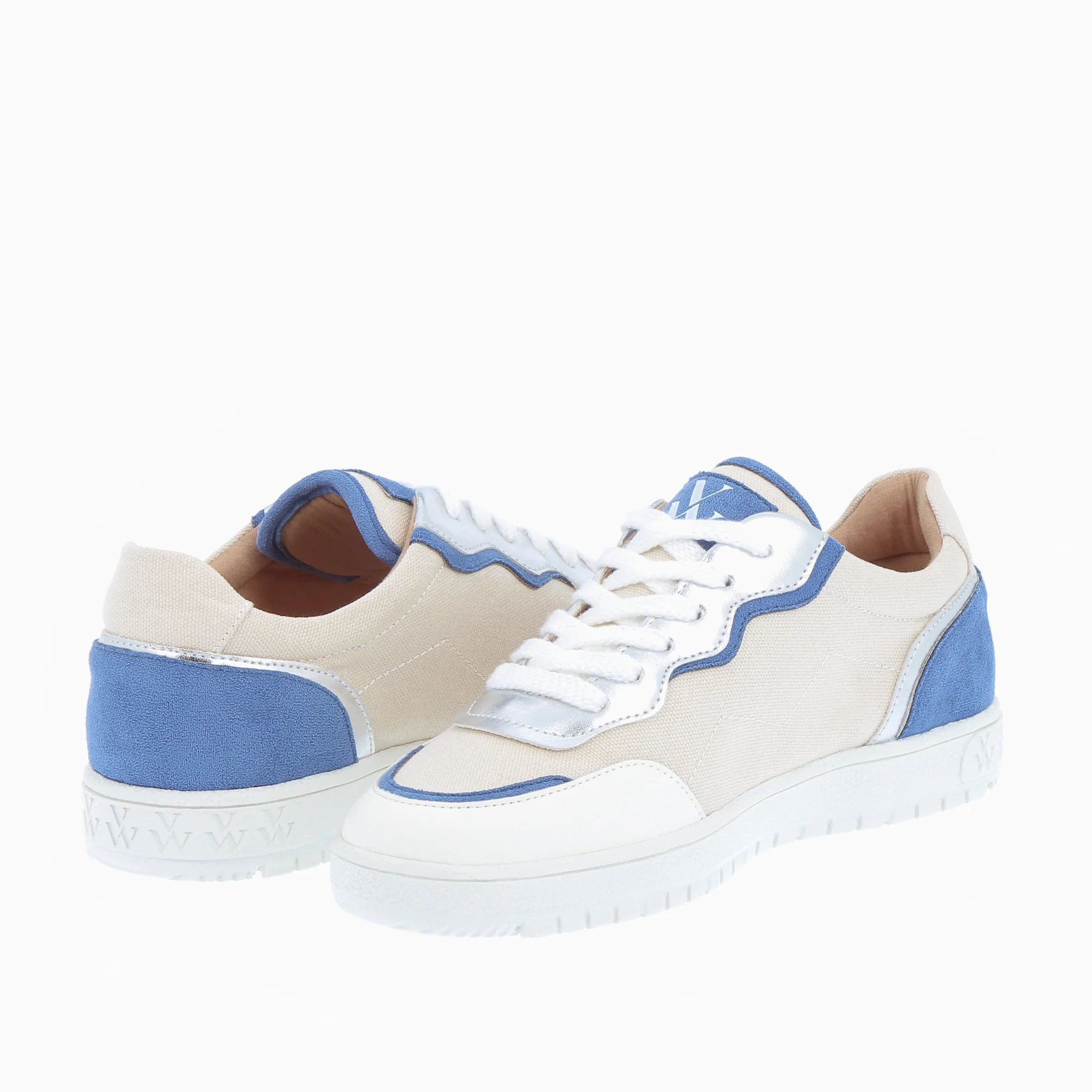 Sneakers-Baskets Enora en toile beige à détails bleu et argent
