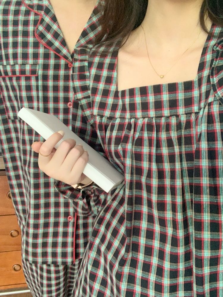 Tanee - Koppel bijpassende pyjamatop met pofmouwen en ruches, geruit, top, shirt, broek en set
