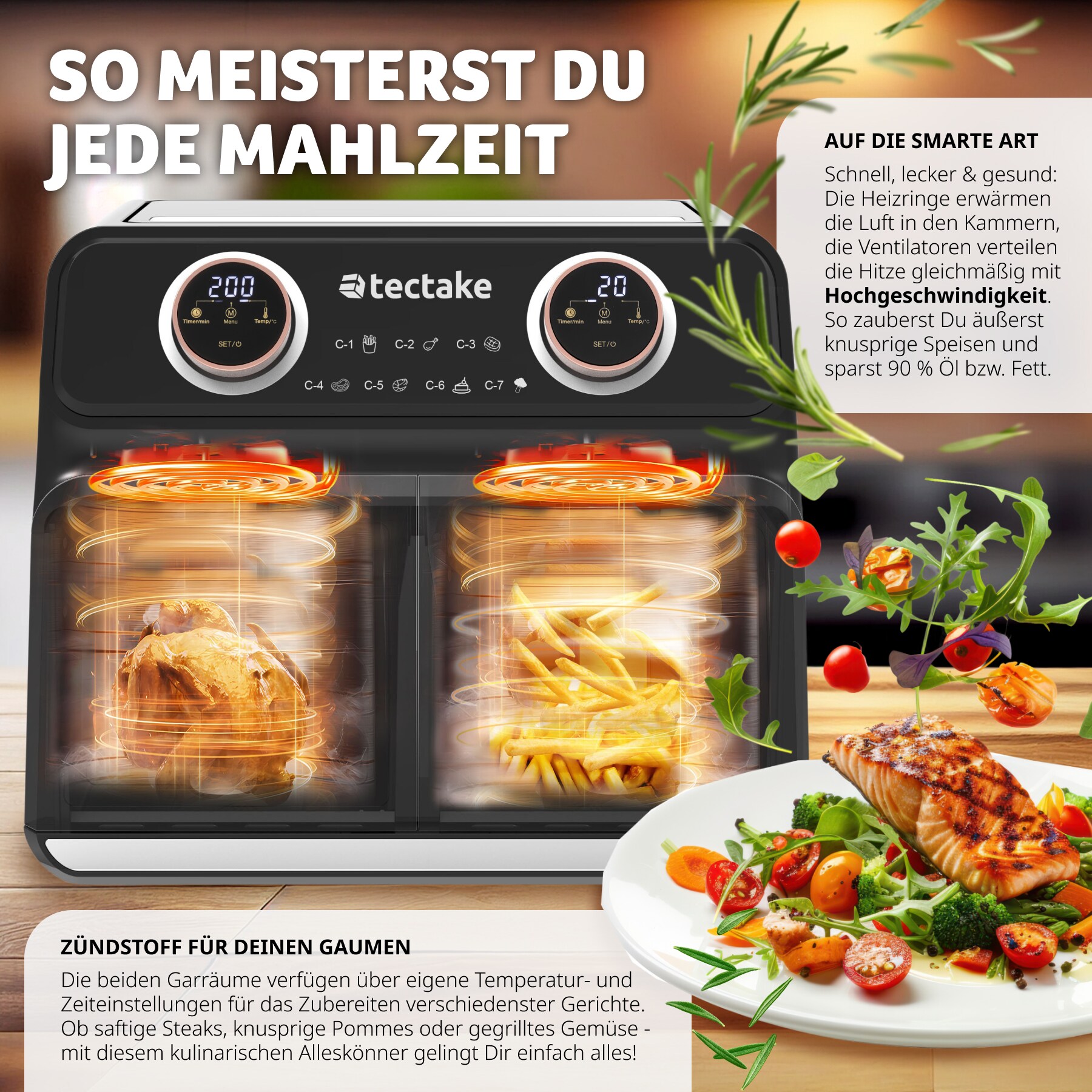 tectake® Heißluftfritteuse , 2 Garräume, je 4 l, 2400 W, individuelle Zeit- und Temperaturregelung je Kammer, 37,5 x 39 x 31,5 cm GS-Zertifikat, inklusive Rezeptheft