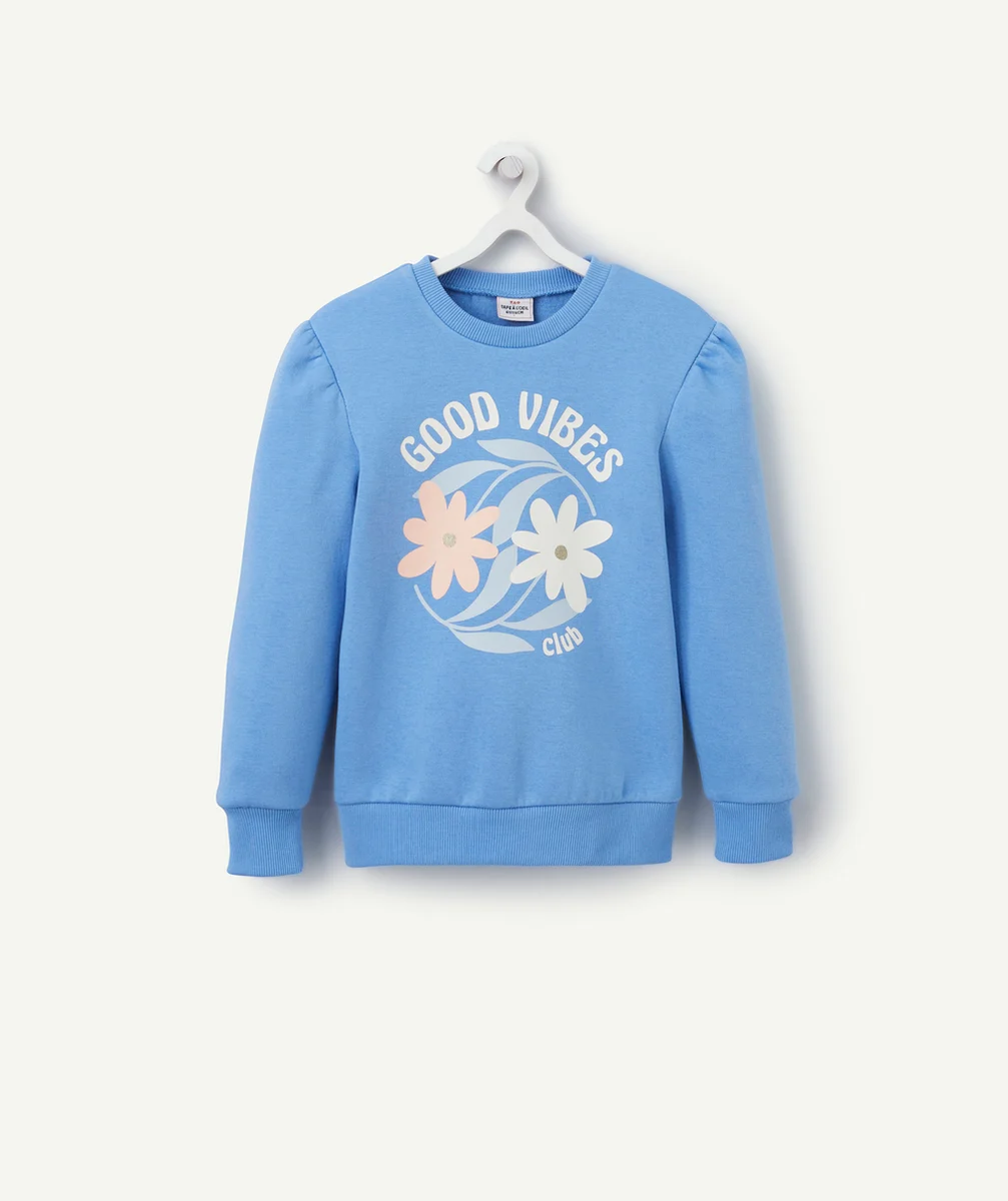 SWEAT FILLE EN FIBRES RECYCLÉES BLEU MOTIF THÈME GOOD VIBES