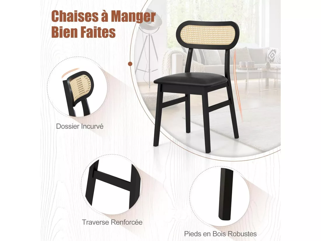 Chaise Salle a Manger Lot de 2, Chaise Salle a Manger Bois d'Hévéa, Dossier Rotin Cannage, Siège Rembourré en Similicuir, Chaise en Bois Salle a Manger pour Salon, Cuisine (Noir)