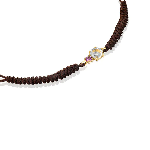 Pulseira Mini Ivette Dourada com Prasiolita, Ametista e Cordão Marrom