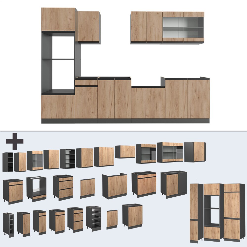 Vicco Küchenzeile Küchenblock Einbauküche R-Line J-Shape Anthrazit Eiche 300 cm modern Küchenschränke Küchenmöbel