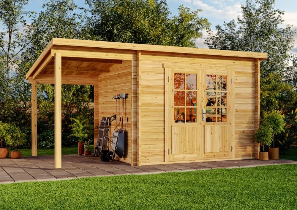 Gartenhaus Maria mit Schleppdach aus Holz Gerätehaus mit 28 mm Wandstärke Pultdach