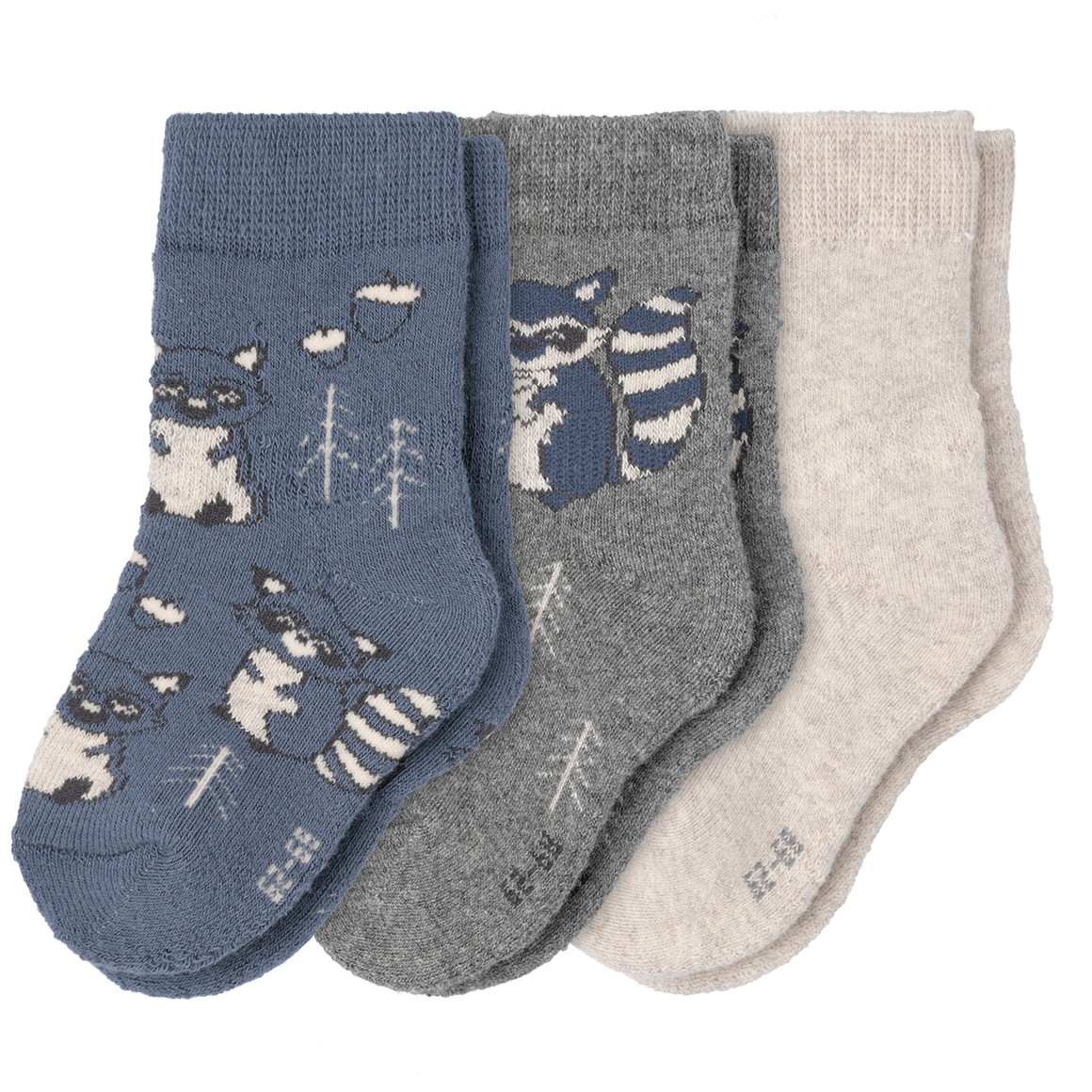 Topomini 3 Paar Baby Frottee-Socken mit Waschbär-Motiv dunkelgrau