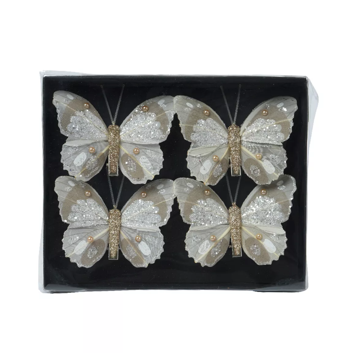 Lot de 4 Papillons sur pince (H8 cm) Éclats et perles Champagne