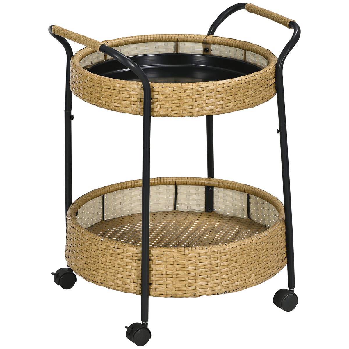 Outsunny Rattan Serveerwagen met 2 Planken, Φ50 x 66 cm, Staal, Geel