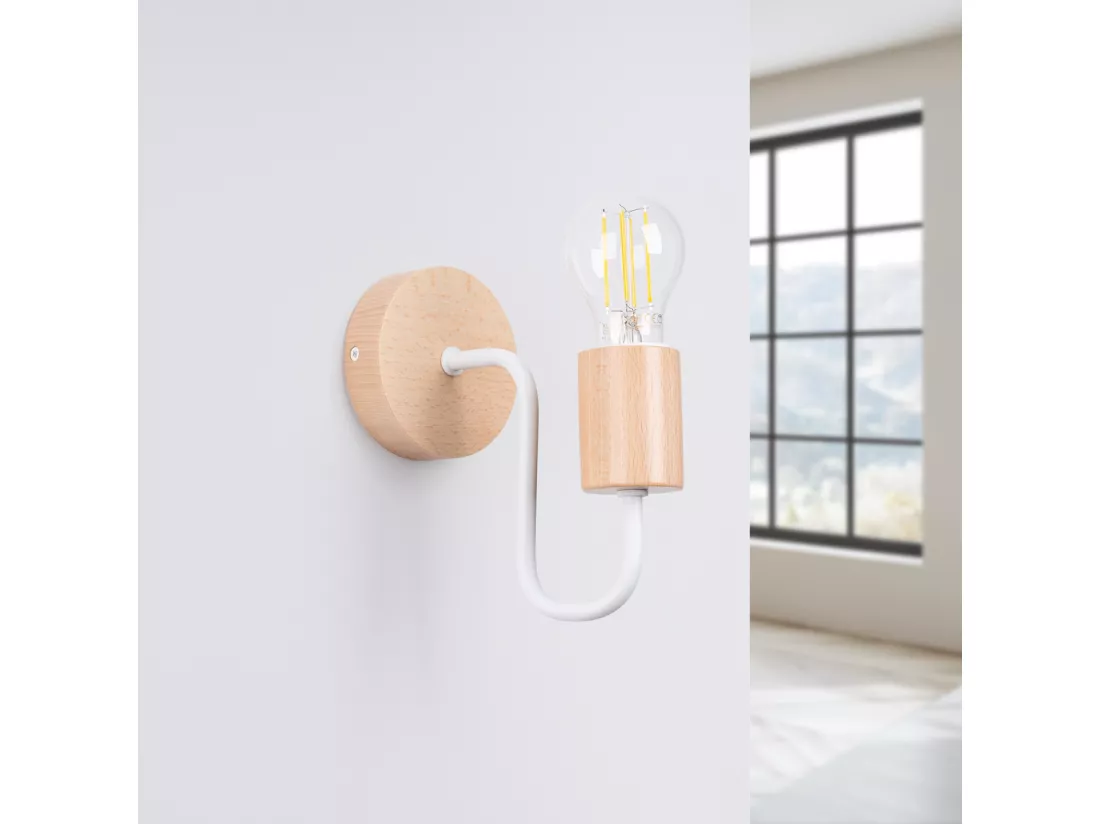 Applique Timbo grenier en acier/bois - 1 sources lumineuses - L.8 x H.18,5 cm - blanc/bois naturel