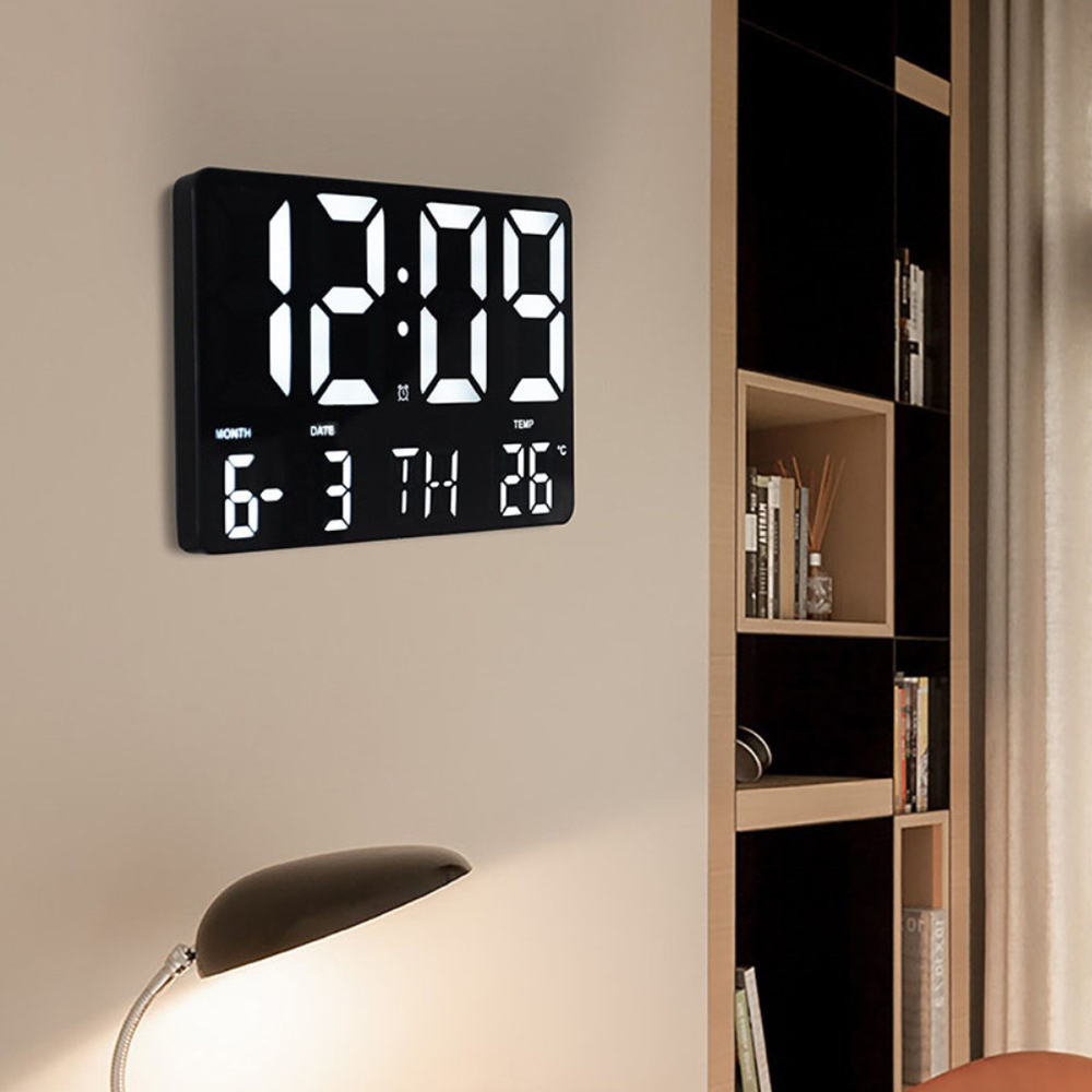 (24.5x2.5cm) Extra Grosser Digitaler LED Wecker mit Datum und Thermometer   Fernbedienung (Dimmbar) - Weiss / Schwarz