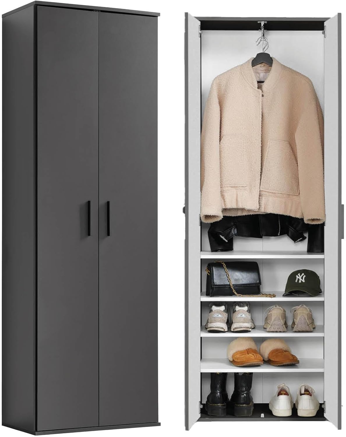 mokebo Garderobenschrank Mehrzweckschrank (60x180 cm) 'Der Lange' aus Holz mit integrierten Schuhfächern, Schuhschrank, Flurschrank, Allzweckschrank oder Vorratsschrank in Anthrazit Schwarz