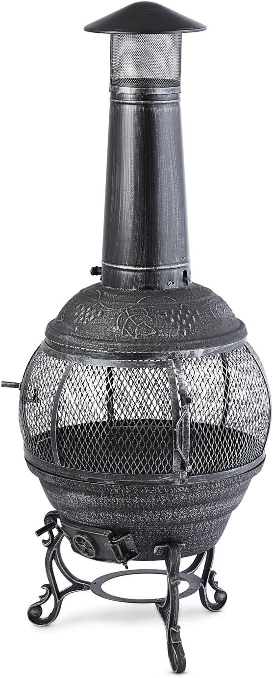 Blumfeldt Flavius, Feuerstelle, Gartenofen, Gartenkamin, Terrassenofen, Aztekenofen, Gusseisen, 360° Rundum-Gitter, Funkenschutz, antikes Design, Zugluftklappe, Eisenverzierungen, Altsilber