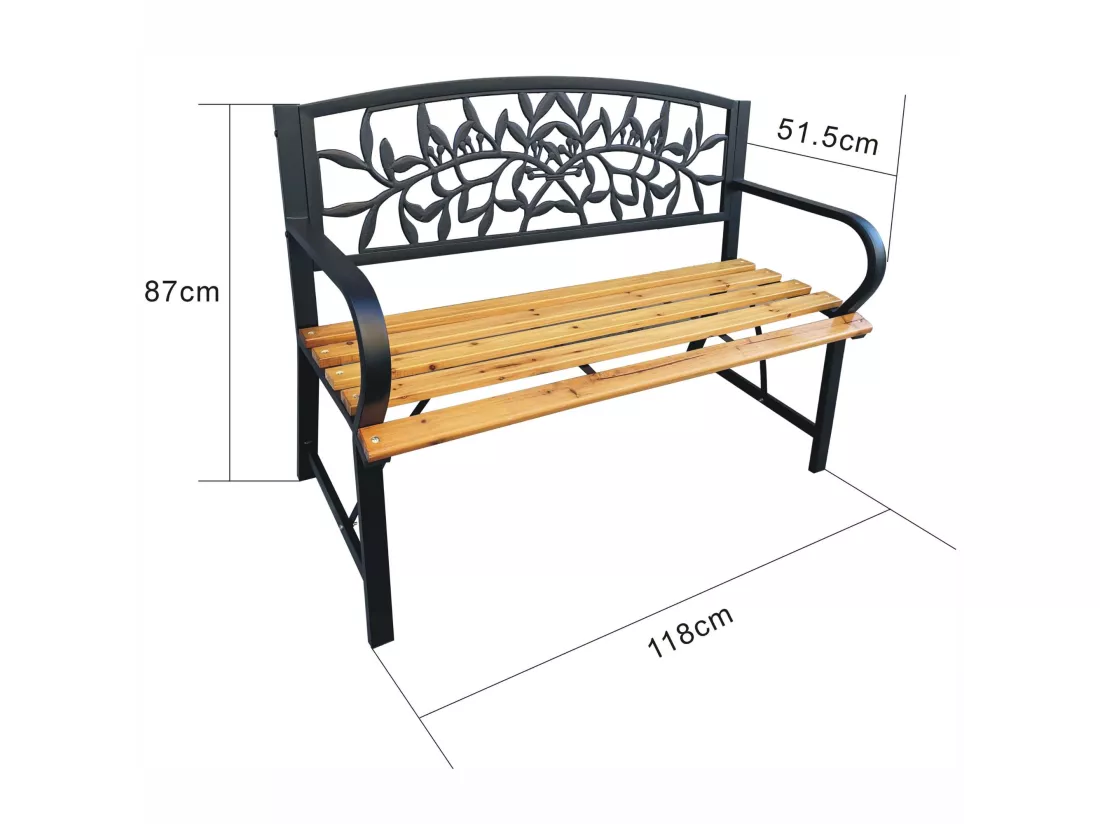 Banc de jardin noir REO avec bois laqué et pieds en acier, largeur 118 cm