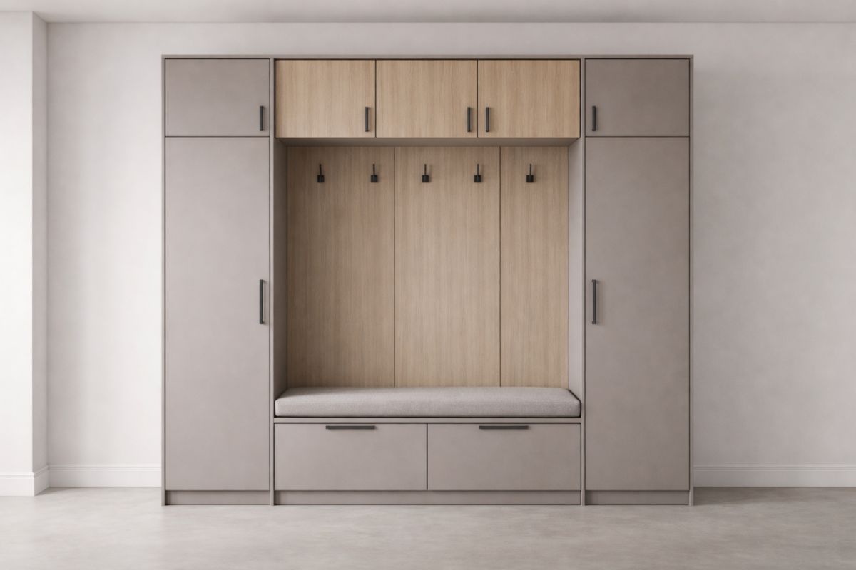 Flurgarderobe-Set aus MDF in Holzoptik mit Polyesterkissen, Grau 240x220x50cm(H × B × T)