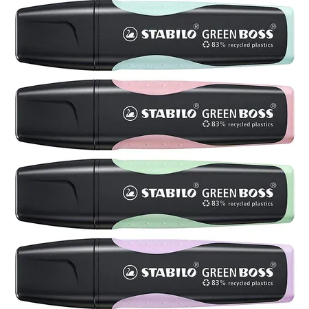 Umweltfreundlicher Textmarker - STABILO GREEN BOSS Pastel - 4er Pack - Hauch von Minzgrün, rosiges Rouge, zartes Türkis und Schimmer von Lila