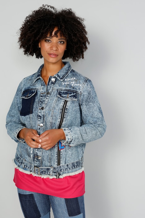 Jeansjacke, Used-Look, Rücken-Print, Zierzipper, Fransensaum
