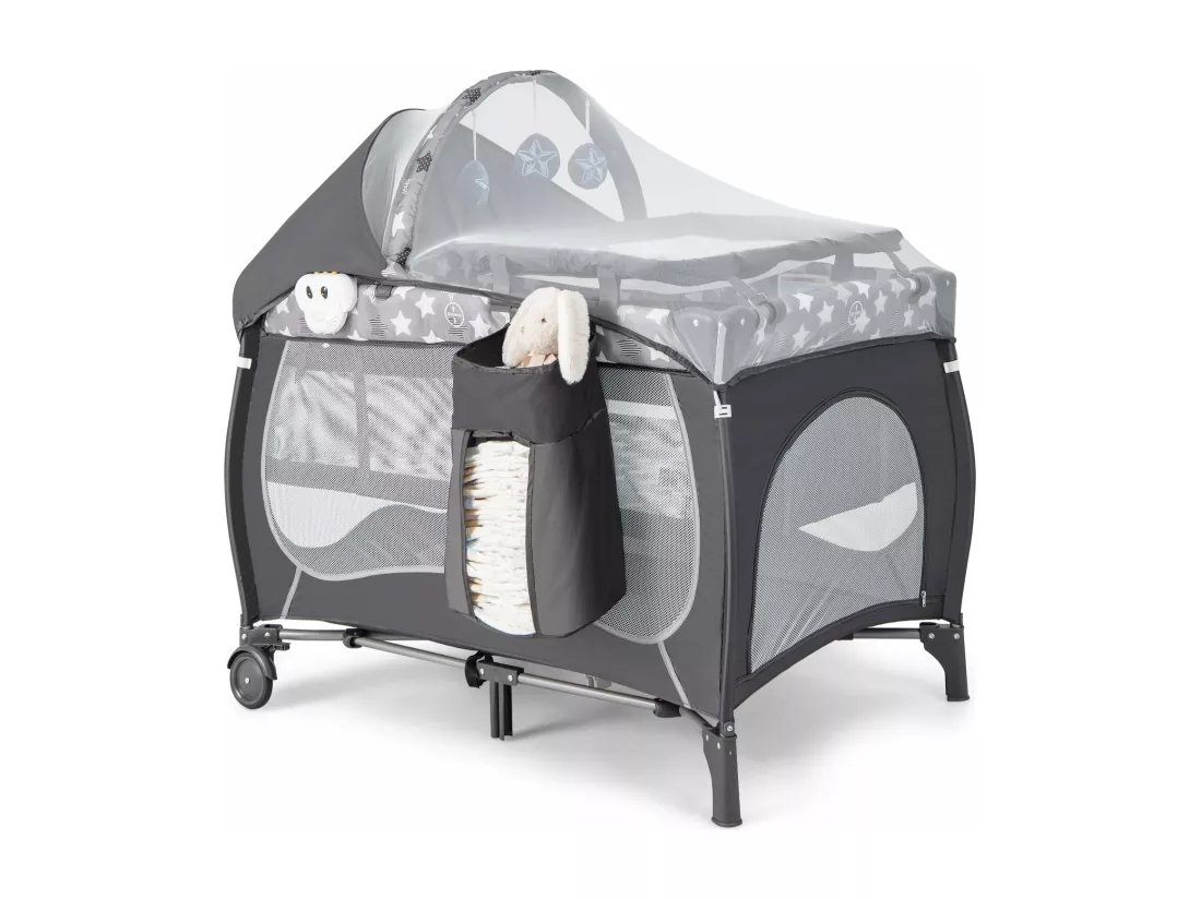 5 en 1 Lit Parapluie Bébé avec Matelas & Moustiquaire, Lit Bébé Evolutif avec Table à Langer, 3 Jouets Mignons & Boîte à Musique, Sac de Transport, Charge 9kg pour 0-36 Mois, Gris