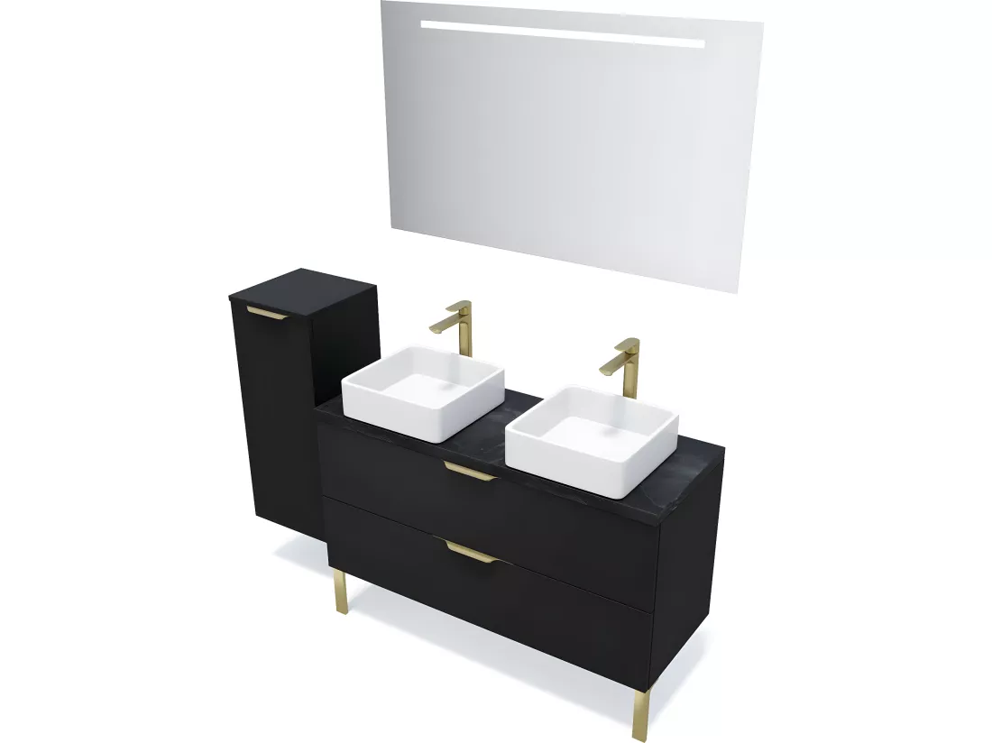 Meuble de salle de bain suspendu 2 vasques à poser 120cm 2 tiroirs Noir - Venice