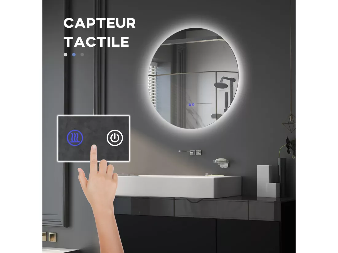 Miroir rond lumineux LED réglable de salle de bain dia. 80 cm interrupteur tactile fonction antibuée gris