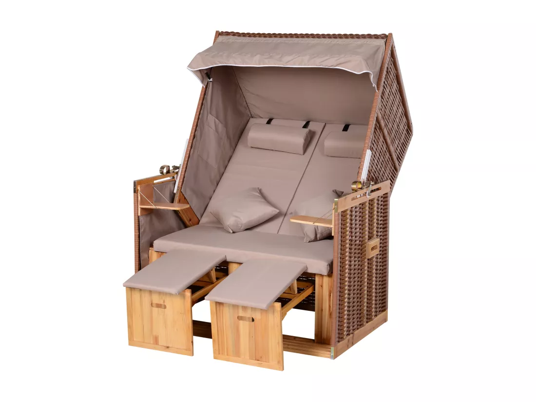 Outsunny Corbeille de plage 2 places pliable - Cabine de plage inclinable - abri plage strandkorb - coussins, repose-pieds, tablettes, pare-soleil - bois résine tressée polyester taupe
