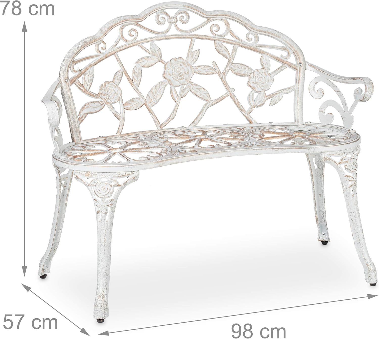 Relaxdays Gartenbank, 2 Sitzer, Rosen, Terrasse, Balkon, Alu & Gusseisen, antike Sitzbank, 78 x 98 x 57 cm, weiß/Bronze