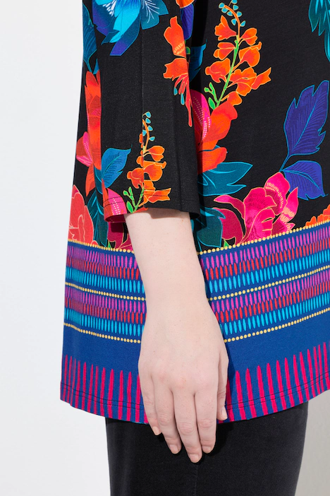 Shirt, Landhausdruck, A-Linie, Tunika-Ausschnitt, 3/4-Arm, korallenrot