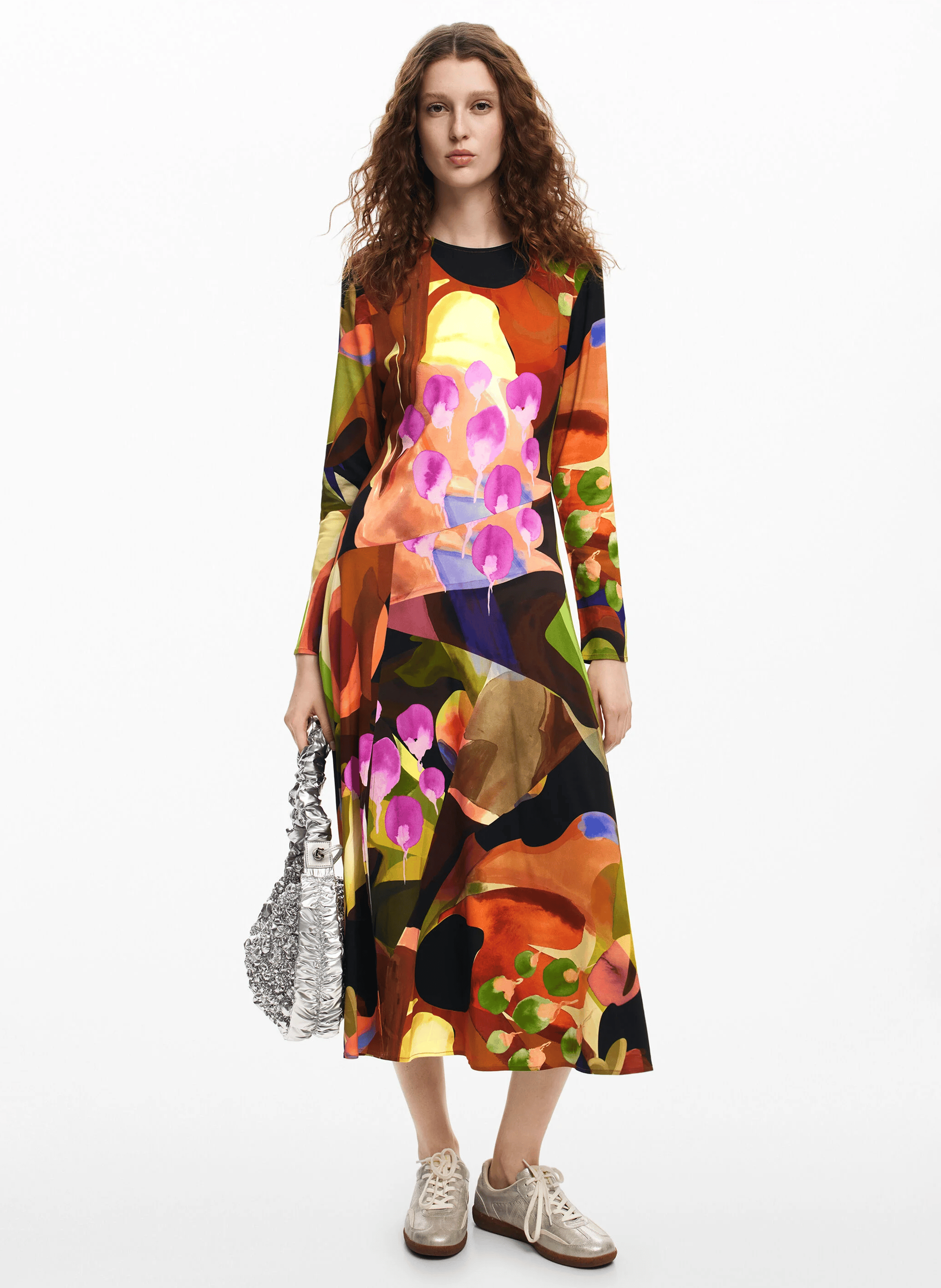 Robe droite midi imprimée | Marron
