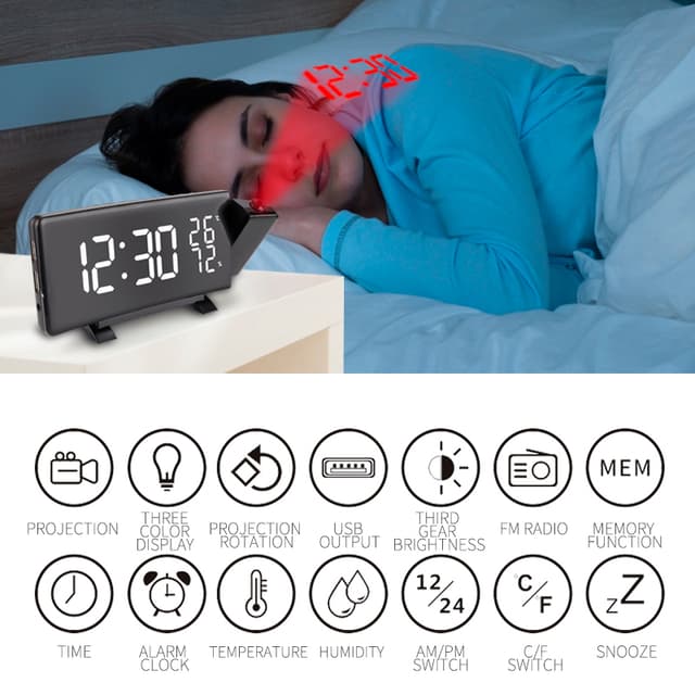 Multifunktionelt LED-projektion vækkeur / temperatur / fugtighed / snooze