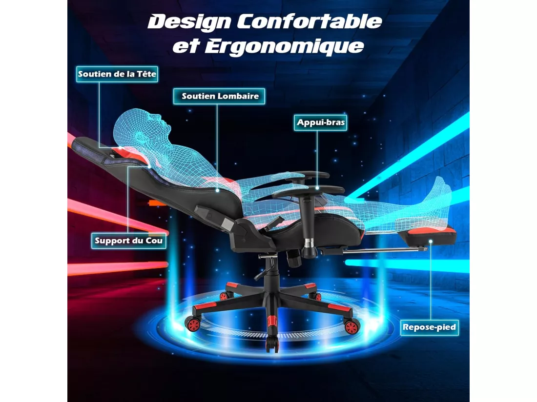 Chaise Gaming RGB/LED, Chaise Gamer Ergonomique avec Soutien Lombaire, Fauteuil Gamer avec Accoudoir Réglable, Appui-tête (Rouge)