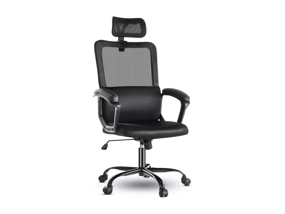 Chaise de bureau, chaise de bureau pivotante avec appui-tête et support lombaire réglables, dossier haut ergonomique, noir