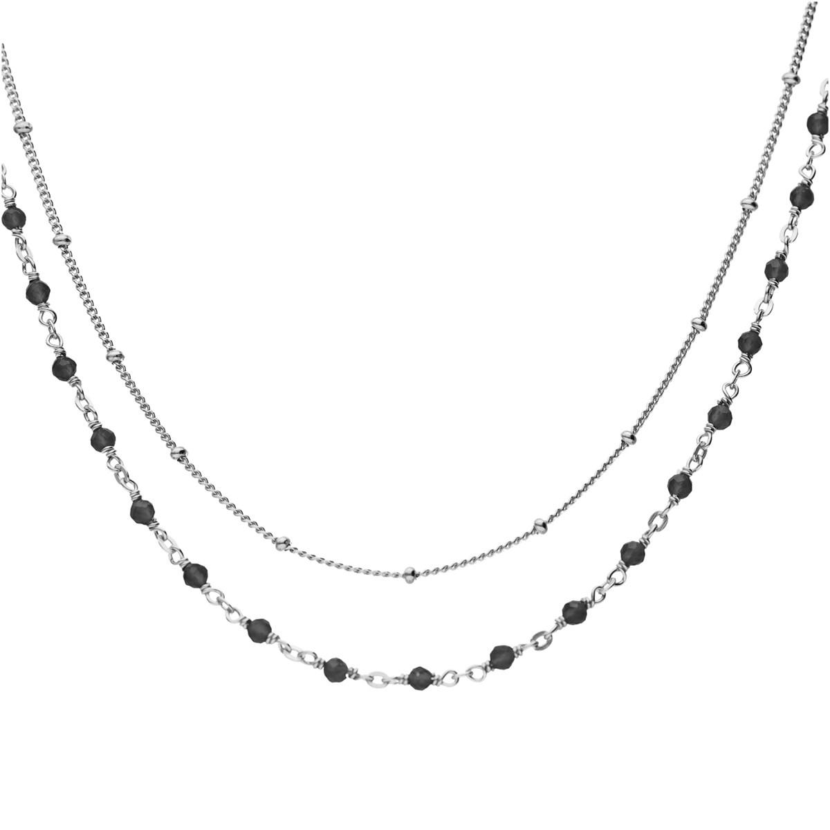 Collier Argent Rhodié Double Chaine Et Pierres Naturelles Noires