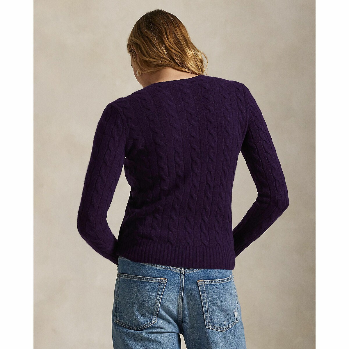 POLO RALPH LAUREN<br>Suéter de gola redonda, tricô trançado em lã e cashmere