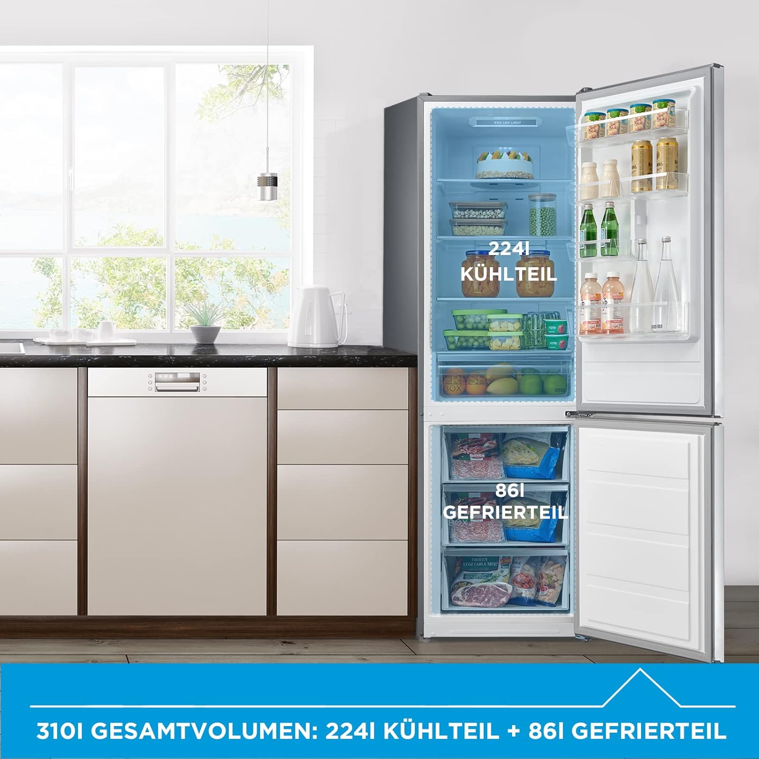 Midea MDRB424FGE02OA Kühl-/Gefrierkombination/188 cm Höhe/NoFrost/LED-Beleuchtung/Hochwertiger GMCC-Kompressor/Elektronische Steuerung/Zuverlässige Gefrierleistung/235 kWh/Jahr/224L Kühlteil