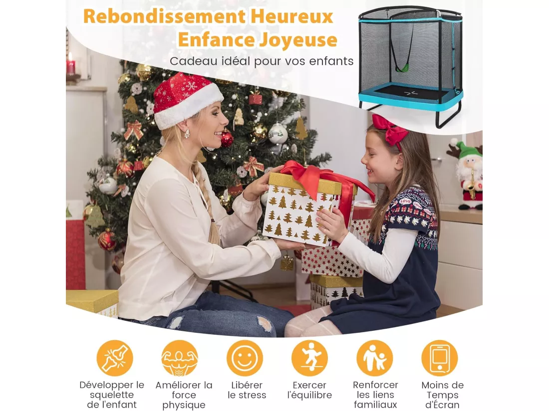 2 en 1 Trampoline Extérieur Enfants Rectangulair (190x122cm) avec Balançoire Amovible, Trampoline de Jardin avec Filet de Sécurité, Charge Max 100kg pour Garçon et Fille de 3 Ans+ (Bleu)