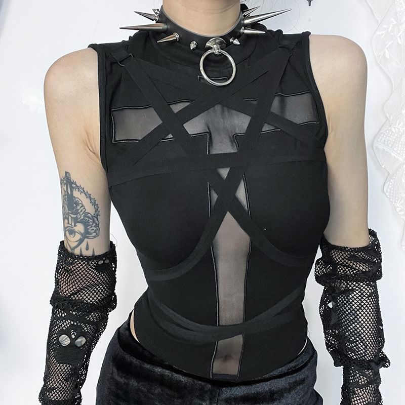 meadowdrop - Mouwloze crop top met col en kruisvormig mesh-paneel