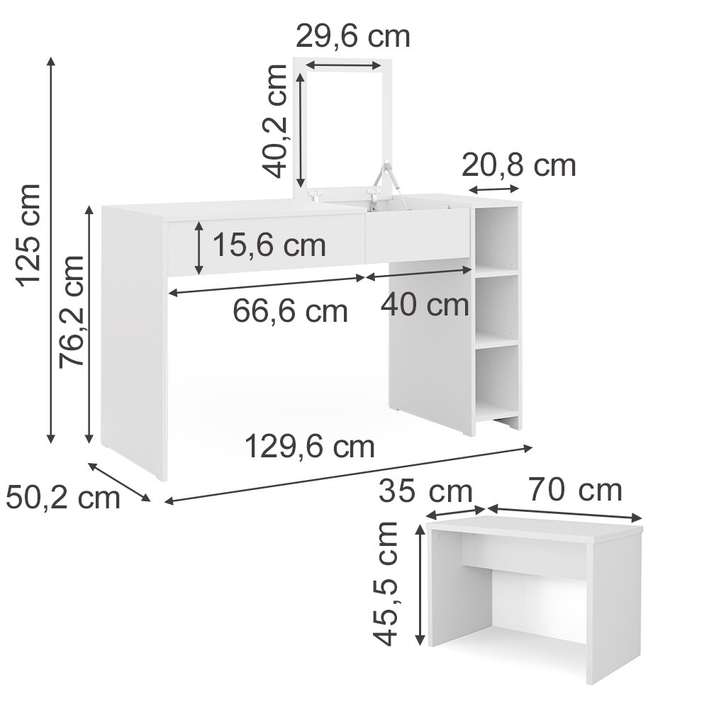 Vicco Schminktisch Kira, 129 x 76 cm, Weiß, Frisiertisch inkl. Spiegel und Bank, modern