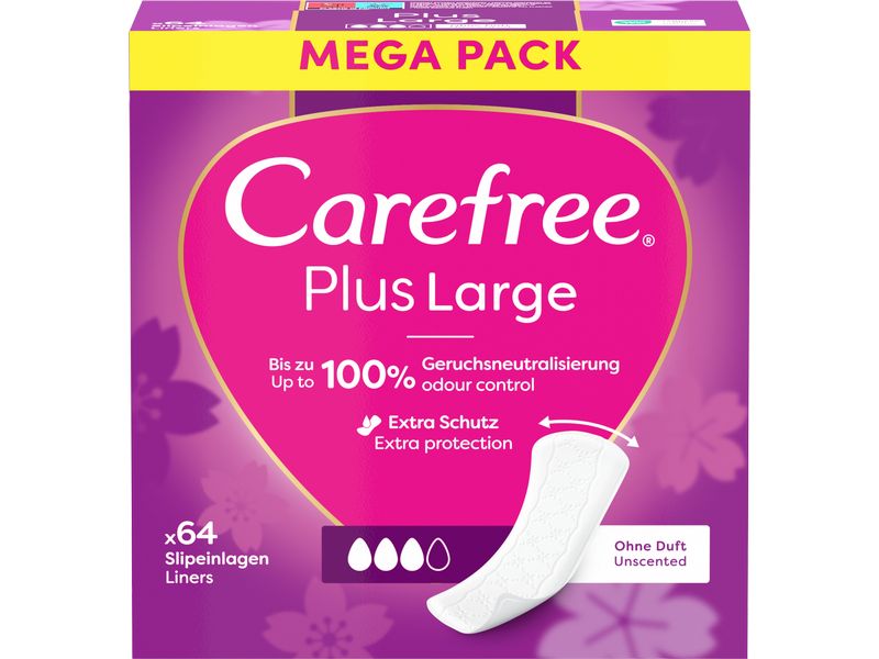 Carefree Slipeinlage Plus Large 64 Stück Slipeinlagen mit super saugstarkem Kern hilft Flüssigkeiten sofort einzuschliessen