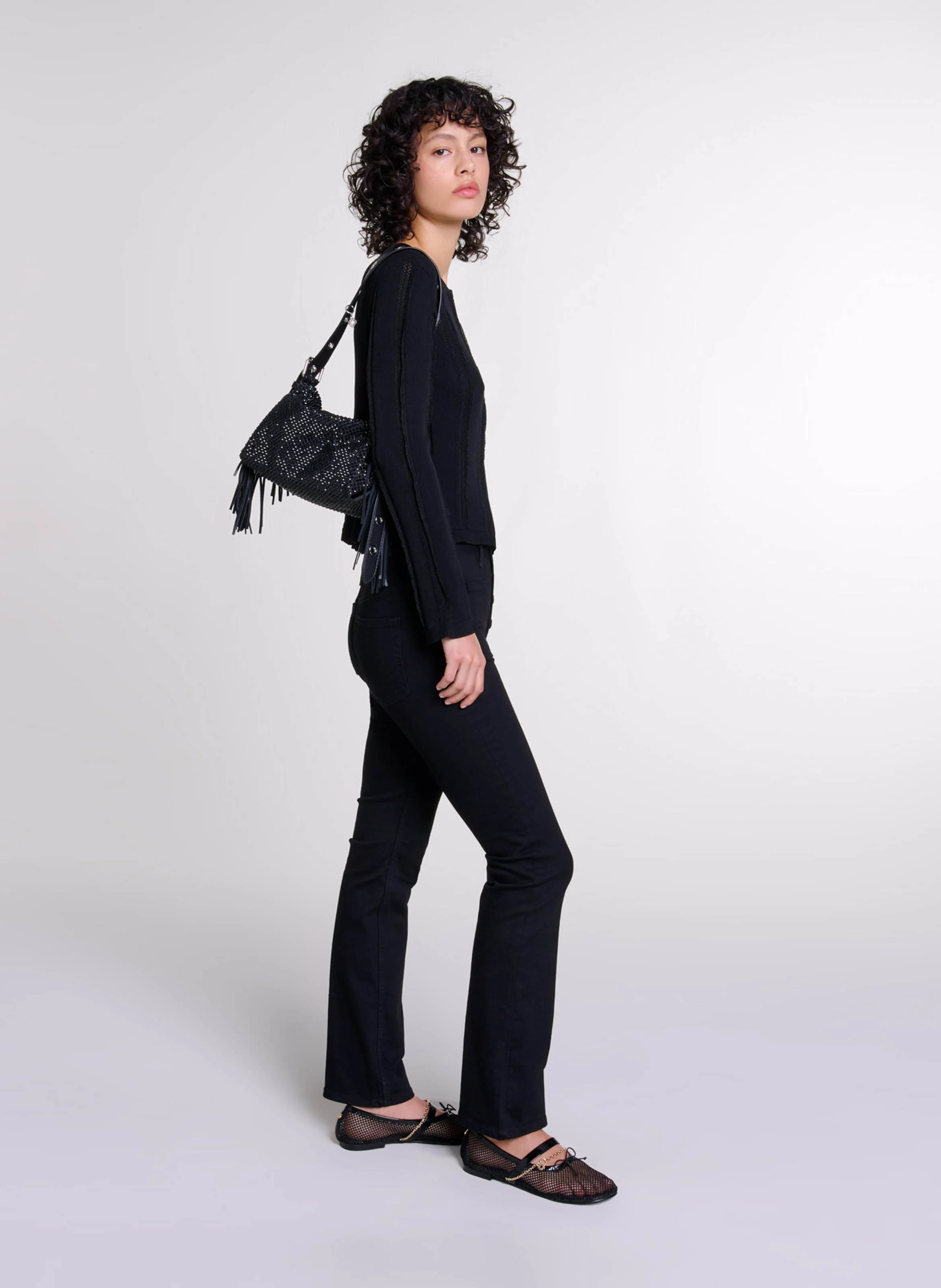 Cardigan droit col rond en maille ajourée | Noir