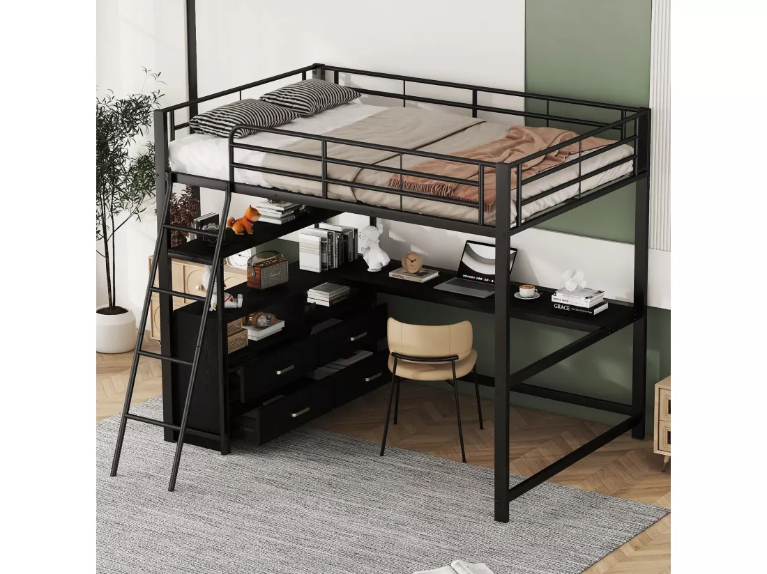 Lit mezzanine 140x200cm - bureau d'angle avec tiroirs - en MDF et métal - Noir