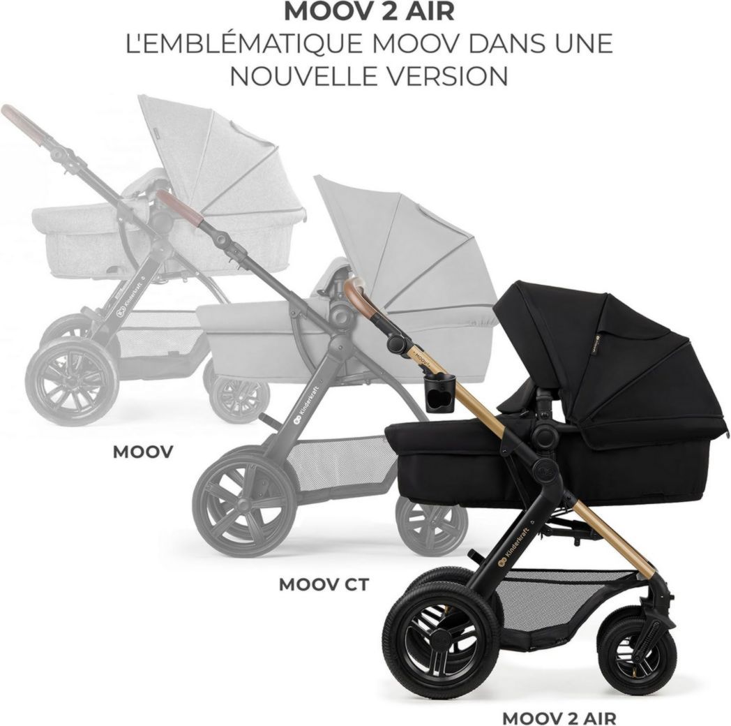 Poussette 3-en-1 Kinderkraft MOOV2, système de voyage de la naissance à 27 kg, siège auto Mink PRO I-Size inclus, pare-soleil extensible avec filtre UPF50+, accessoires pratiques, gris