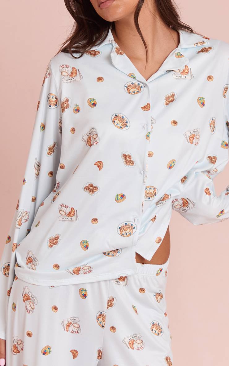 Bleu Ensemble De Pyjama Imprimé À Manches Longues Avec Boutonnage