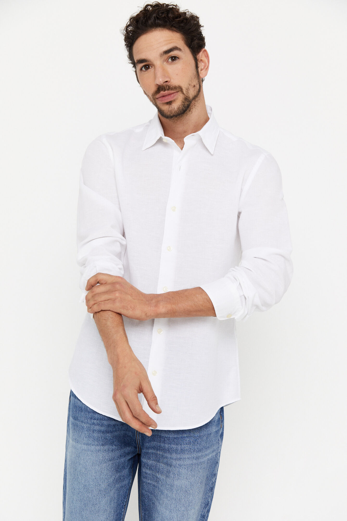 Camisa lisa de linho e algodão - Branca