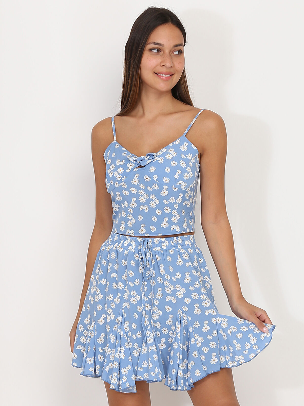 Crop top à nœud avec motif fleurs- Bleu